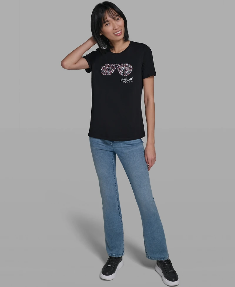 Karl Lagerfeld Paris Women's Crewneck Multi Jeweled Sunglass T-Shirt