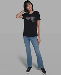 Karl Lagerfeld Paris Women's Crewneck Multi Jeweled Sunglass T-Shirt