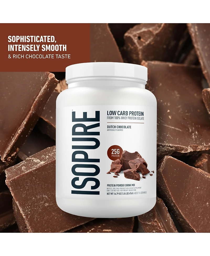 Isopure Low Carb 100% Pure Whey Isolate Protein Powder, Dutch Chocolate, 25g Protein, 14 Servings Tub
