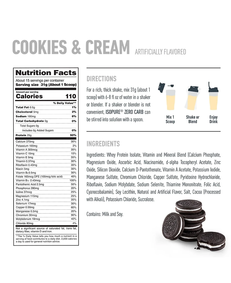 Isopure Zero Carb 100% Pure Whey Isolate Protein Powder, Cookies & Cream, 25g Protein, 15 Servings Tub