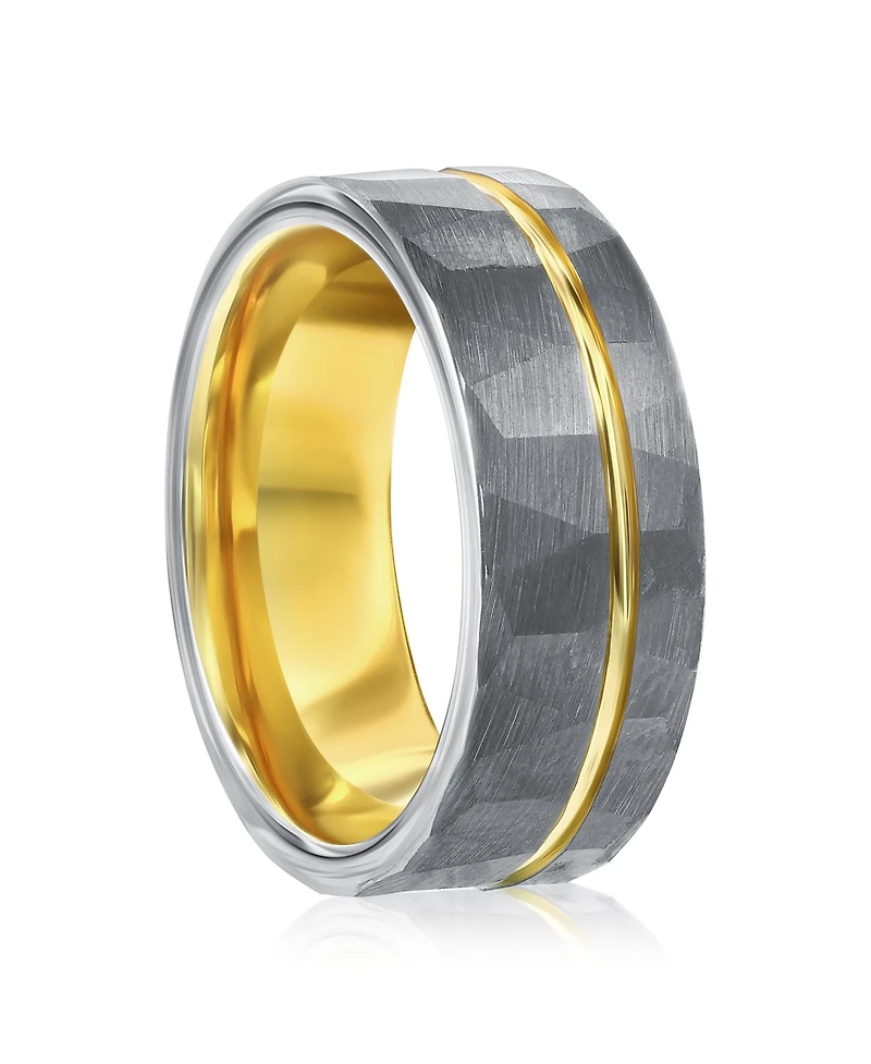 Matte Silver & Gold Lined Faceted Tungsten Ring
