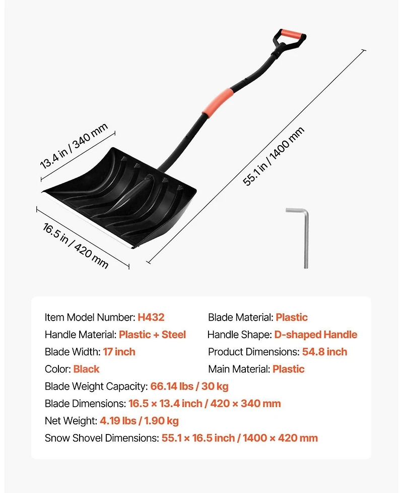 Mecale Snow Shovel, 17" Wide Plastic Blade w/ Aluminum Edge, D-Handle, Lightweight Driveway Snow Shovel