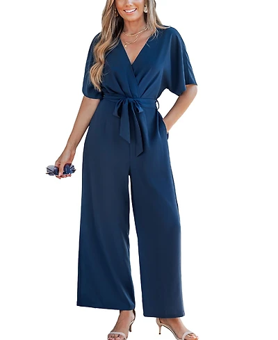 Cupshe Women's Elegant Navy Jumpsuit with Waist Tie Belt