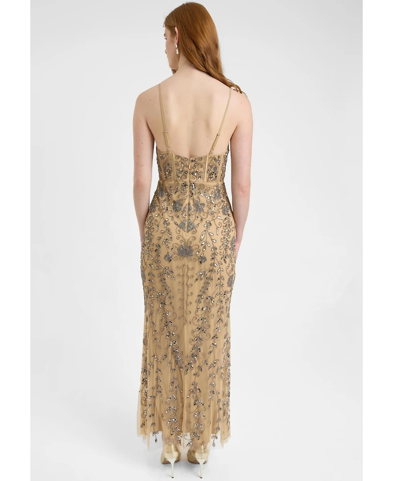 Beauut Women's Embellished Sequin Beaded Corset Maxi Dress With Deep V-Cut