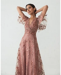 Mac Duggal Women's Embroidered Flutter Sleeve A Line V Neck Dress