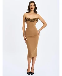 Miss Circle Women's Rayanne Chestnut Strapless Fur-Trimmed Sweetheart Maxi Dress