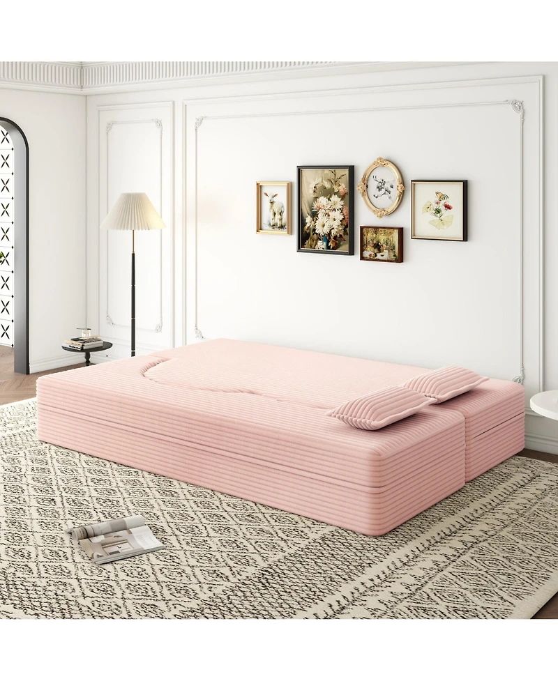 Boyel Living Modern Convertible Floor Sofa with 2 Pillows, Plush Corduroy Foam-Filled Sleeper Bed, 78" Full-Size Folding Mattre