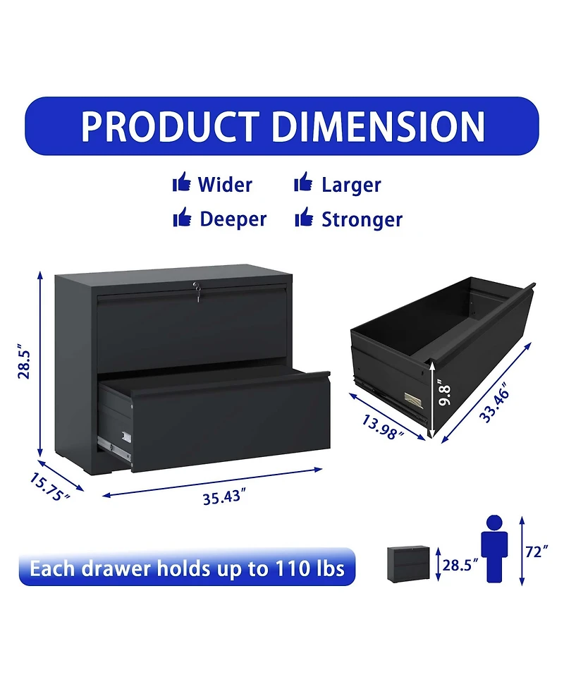 Boyel Living Lateral File Cabinet 2 Drawer, Black Filing Cabinet with Lock, Lockable File Cabinet for Home Office