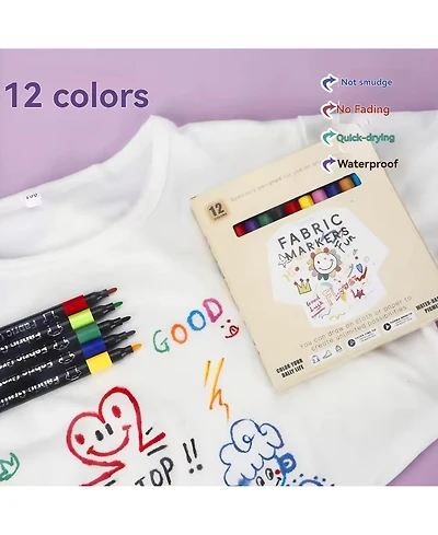 Htutwoo 12 Colors Fabric Marker, Diy Graffiti Art Marker Set for T-shirts, Clothes, Canvas Bags, Hats, Shoes and Tote