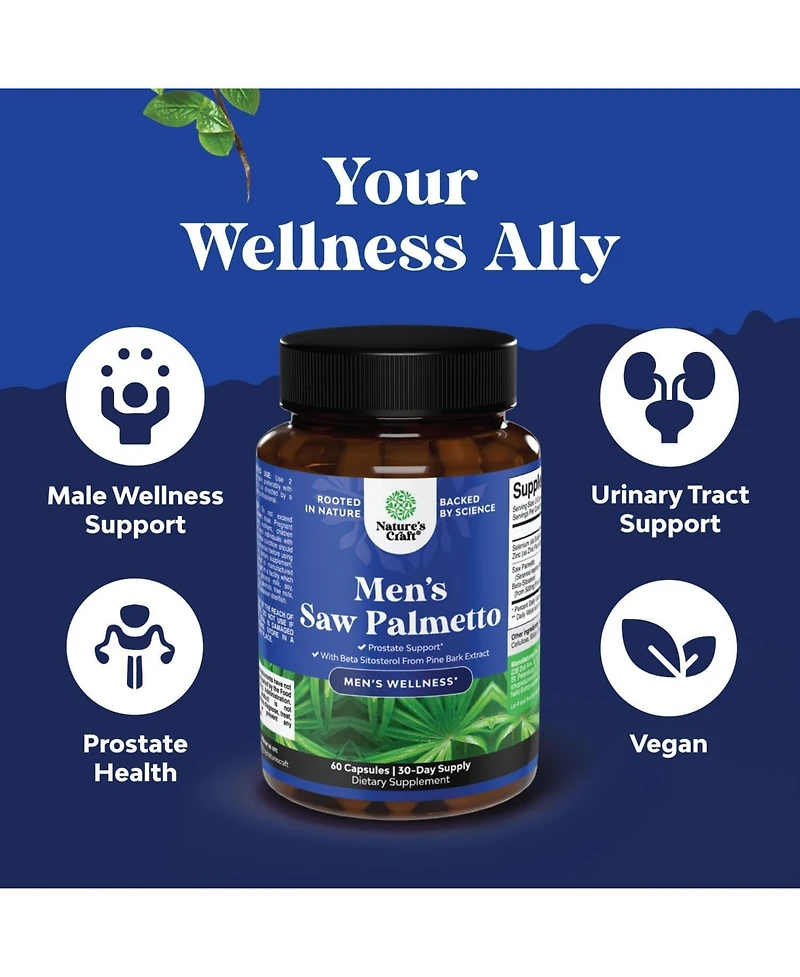 Men's Saw Palmetto, Saw Palmetto Extract with Beta Sitosterol for Men's Health, Better Bladder Control & Restoring Hair, Nature's Craft, 60ct