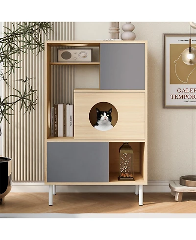 Aostirmotor Cat House with Storage, Cat Litter Box Enclosure, Hidden Storage in Natural