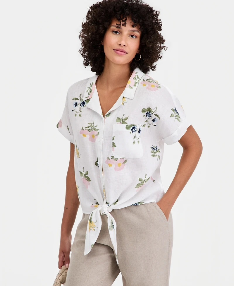 Charter Club Women's 100% Linen Tie-Front Short-Sleeve Camp Shirt, Created for Macy's