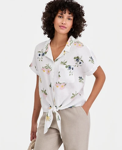 Charter Club Women's 100% Linen Tie-Front Short-Sleeve Camp Shirt, Created for Macy's