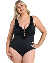 La Blanca Plus Island Goddess Ruffle V-Neck One-Piece Swimsuit