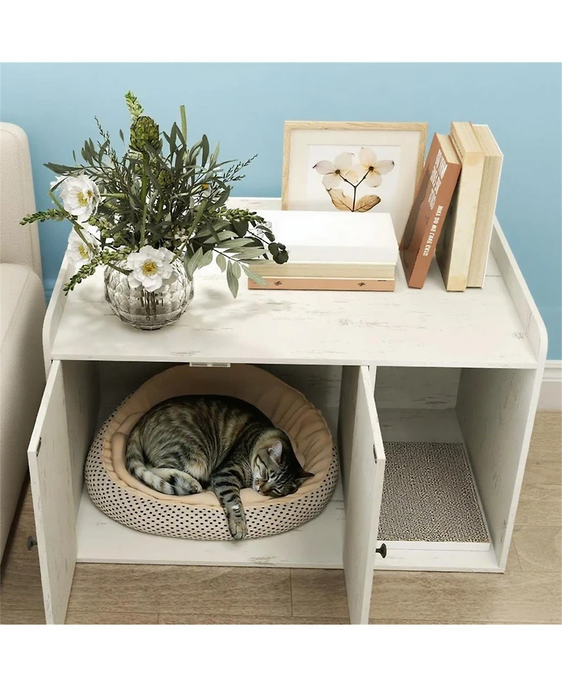 Aostirmotor Cat Litter Box Enclosure with Scratching Mat in White