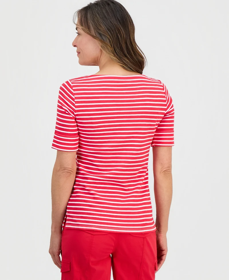 Style & Co Petite Striped Boat-Neck Elbow-Sleeve Top, Macy's Exclusive