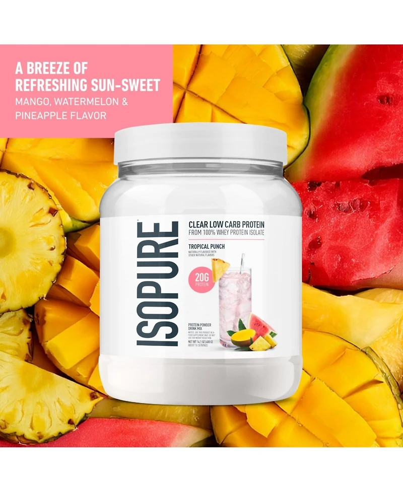 Isopure Clear Low Carb 100% Whey Protein Isolate Powder, Tropical Punch, 20g Protein, About 16 Servings