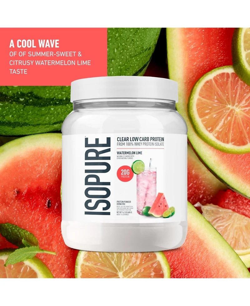 Isopure Clear Low Carb 100% Whey Protein Isolate Powder, Watermelon Lime, 20g Protein, About 16 Servings