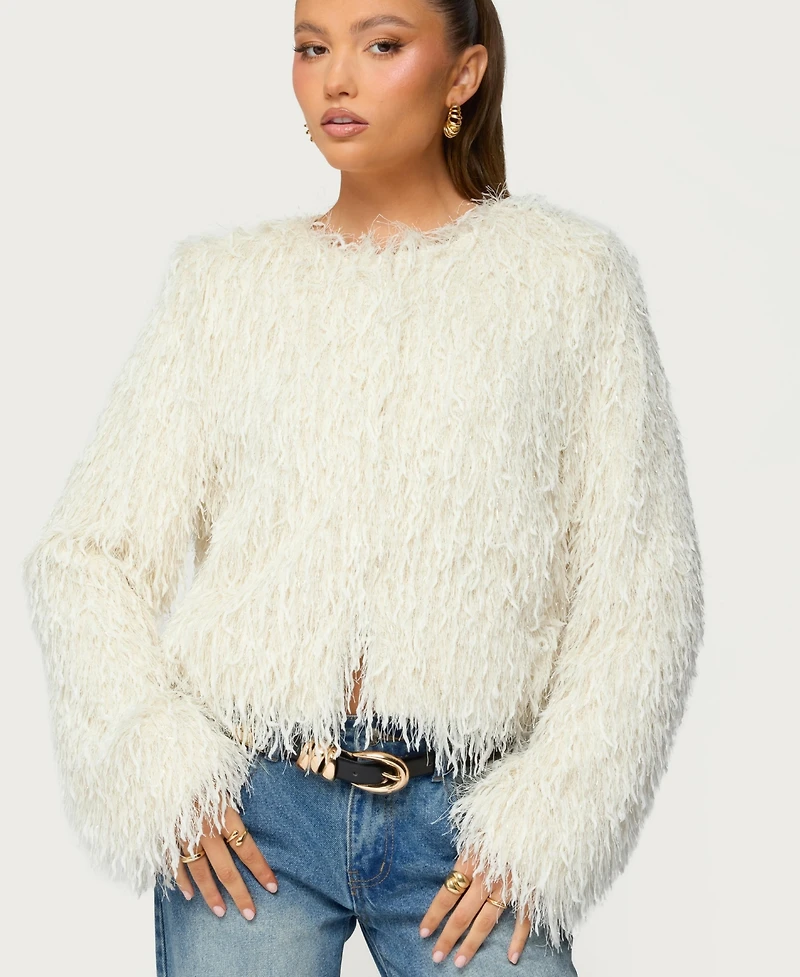 Edikted Women's Aleandra Fringed Faux Feather Jacket