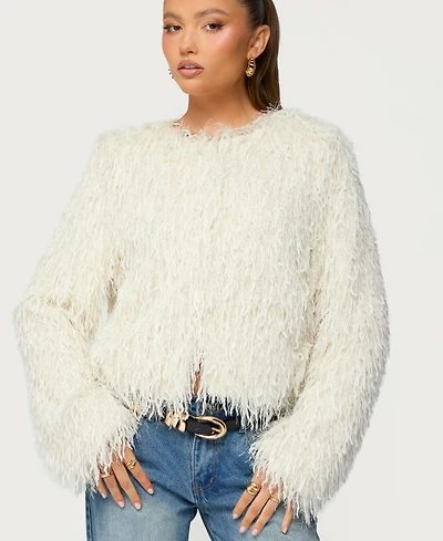 Edikted Women's Aleandra Fringed Faux Feather Jacket