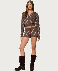 Edikted Women's Kenny Polka Dot Knit Zip Up Hooded Cardigan