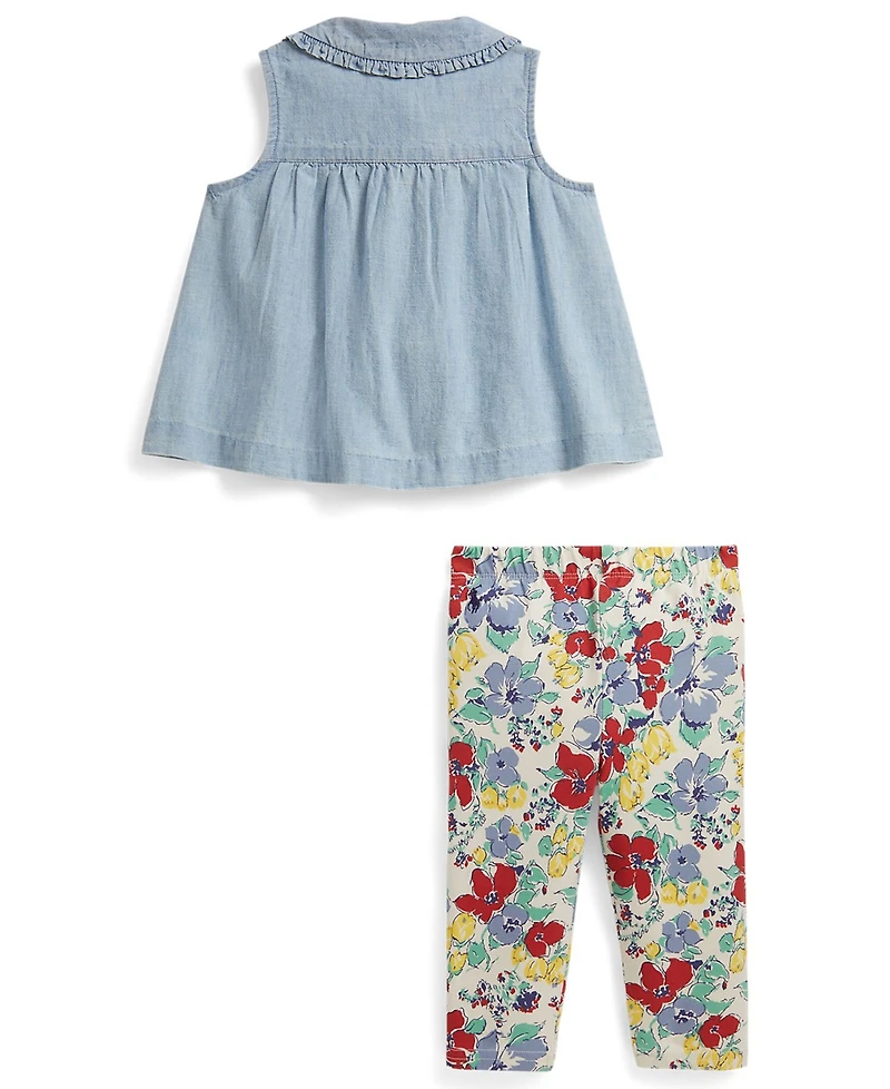 Polo Ralph Lauren Baby Girls' Chambray Collared Top and Floral Leggings, 2-Piece Set