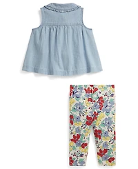 Polo Ralph Lauren Baby Girls' Chambray Collared Top and Floral Leggings, 2-Piece Set