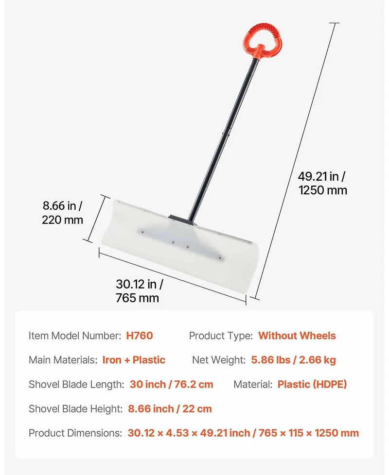 Mecale Snow Pusher Shovel, 30", Hdpe Blade w/ Metal Edge, Segmented Handle, Ergonomic Grip, Driveway/Garden