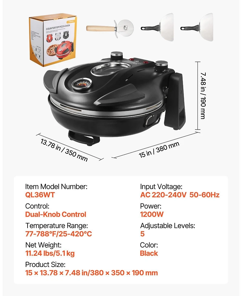 Mecale Electric Pizza Oven, 12", 1200W, Cordierite Stone, 5 Heat Modes, Viewing Window, Up to 788°F, Black