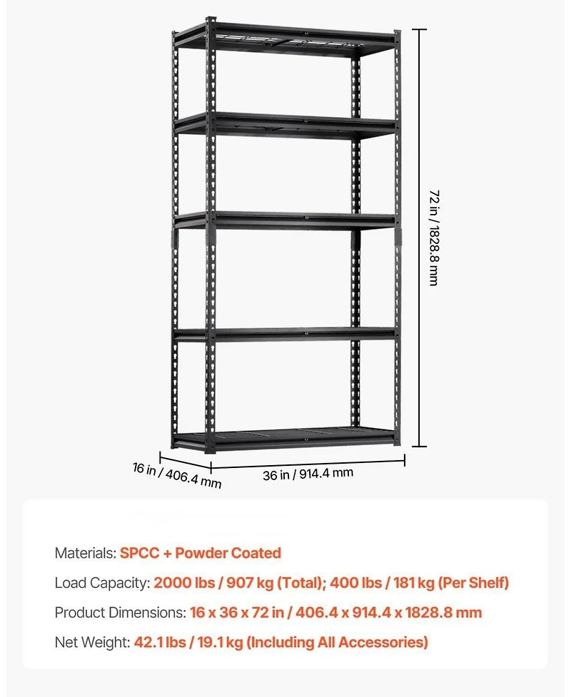 Mecale 5-Tier Storage Shelves, 2000-Lb Capacity, 16"D x 36"W x 72"H, Adjustable Heavy-Duty Utility Rack, Black