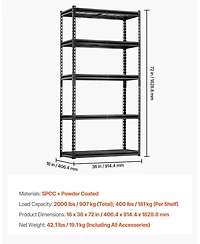 Mecale 5-Tier Storage Shelves, 2000-Lb Capacity, 16"D x 36"W x 72"H, Adjustable Heavy-Duty Utility Rack, Black