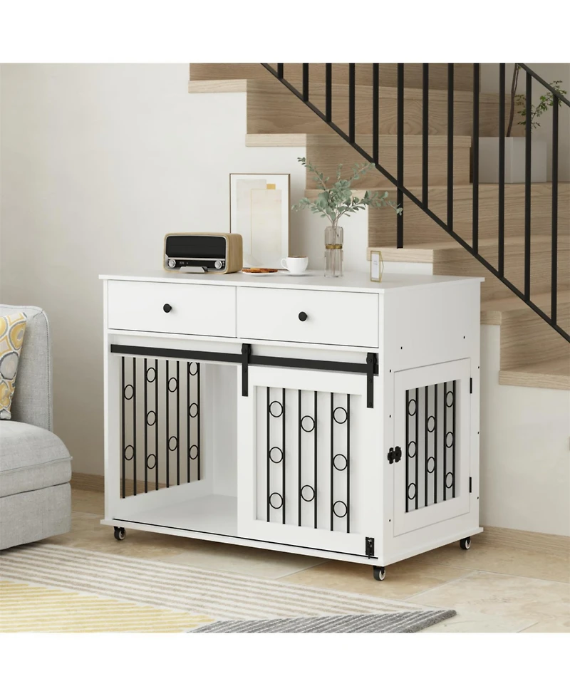 Aostirmotor Dog Crate Furniture with Double Drawers and Sliding Barn Door in White