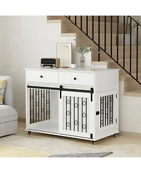 Aostirmotor Dog Crate Furniture with Double Drawers and Sliding Barn Door in White