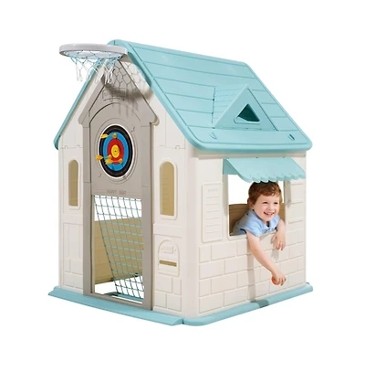 Slickblue Outdoor Playhouse, 5-In-1 Cottage Play House with Pretend Play, Basketball, Darts, Soccer, Ring Toss