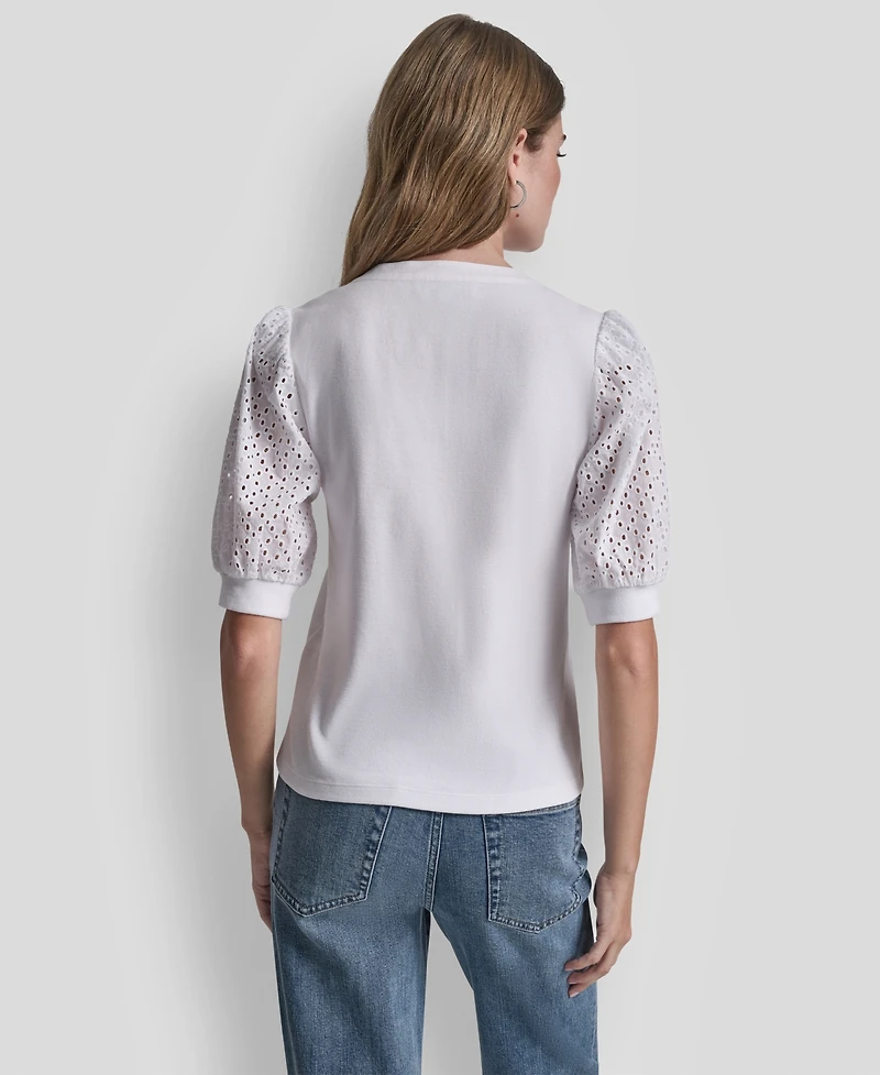 Dkny Jeans Petite Rib Body Eyelet V-Neck Top