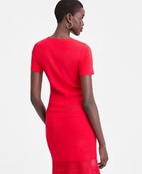 I.n.c. International Concepts Women's Short Sleeve Pointelle Stripe Sweater