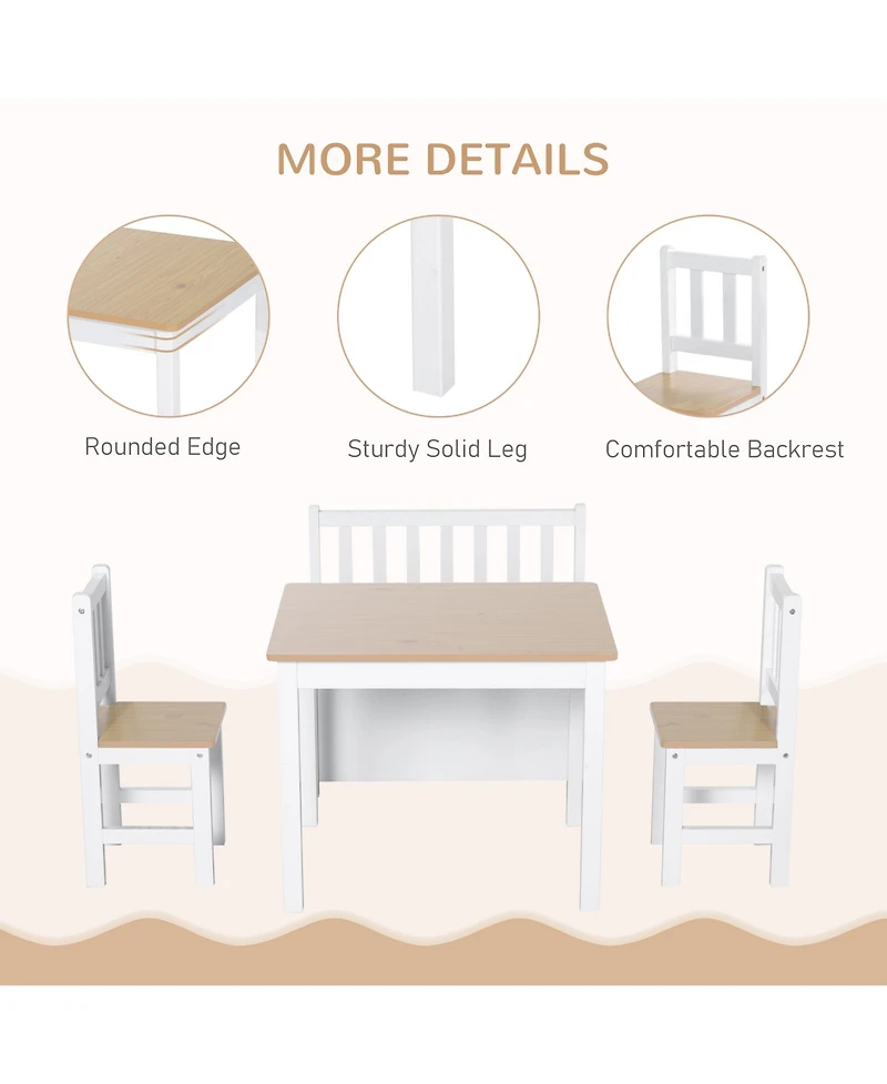 Qaba 4-Piece Kids Table Set with 2 Wooden Chairs, 1 Storage Bench