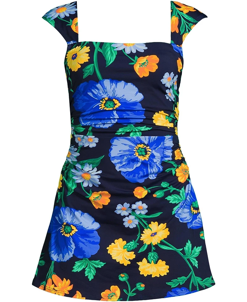 Lands' End Plus New Smoothing Square Neck Ruched Swim Dress Swimsuit