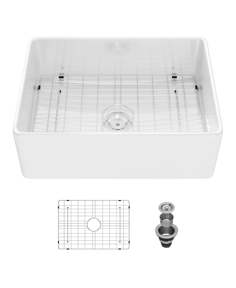 flynama 28x20x10inch White Ceramic Porcelain Single Bowl Rectangular Farmhouse Kitchen Sink with Stainless Steel Accessories
