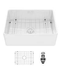 flynama 28x20x10inch White Ceramic Porcelain Single Bowl Rectangular Farmhouse Kitchen Sink with Stainless Steel Accessories