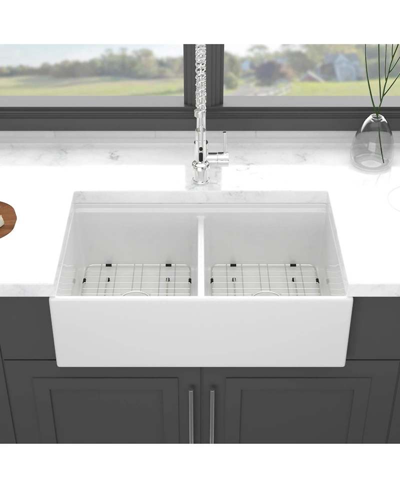 flynama 33x20x10inch White Porcelain Ceramic Double Bowl Farmhouse Workstation Kitchen Sink with Full Accessories