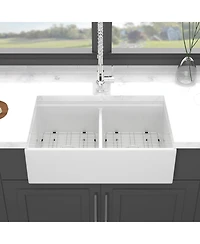flynama 33x20x10inch White Porcelain Ceramic Double Bowl Farmhouse Workstation Kitchen Sink with Full Accessories