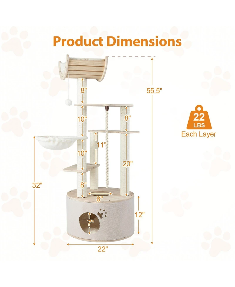 Gymax 55.5'' Tall Wooden Cat Tree for Indoor Cats w/Condo Curved Perch Hammock