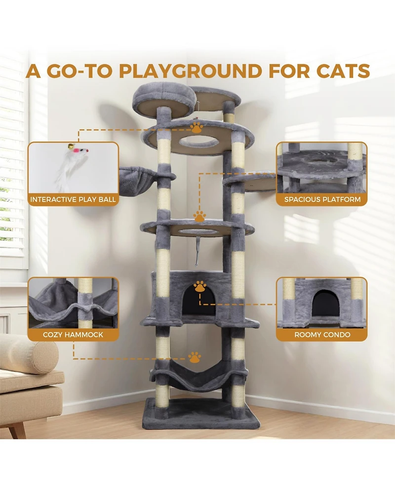 Aostirmotor 78.8'' Cat Tree with Wide Base, Large Condo,2 Sisal Scratching Post in Dark Gray