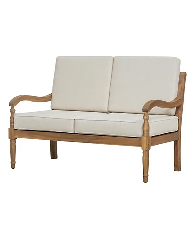 Mondawe Outdoor Acacia Wood Loveseat With Cushions, Natural Finish With Beige Fabric
