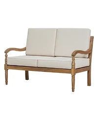 Mondawe Outdoor Acacia Wood Loveseat With Cushions, Natural Finish With Beige Fabric