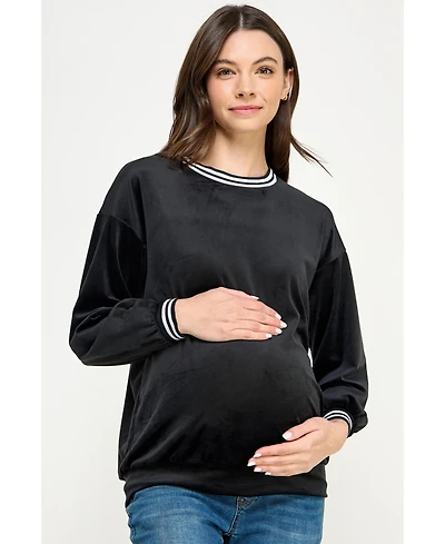 Hello Miz Women's Velvet Striped Neckline Long Sleeve Maternity Sweatshirt Top