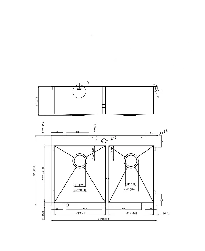 flynama 33x22x9inch Gunmetal Black Double Bowl Kitchen Sink Drop In Stainless Steel 16 Gauge 60 40 Split