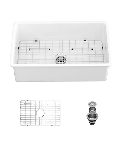 flynama huluwat 32x19x10inch White Fireclay Kitchen Sink Undermount Single Bowl Dual Mount Deep Basin