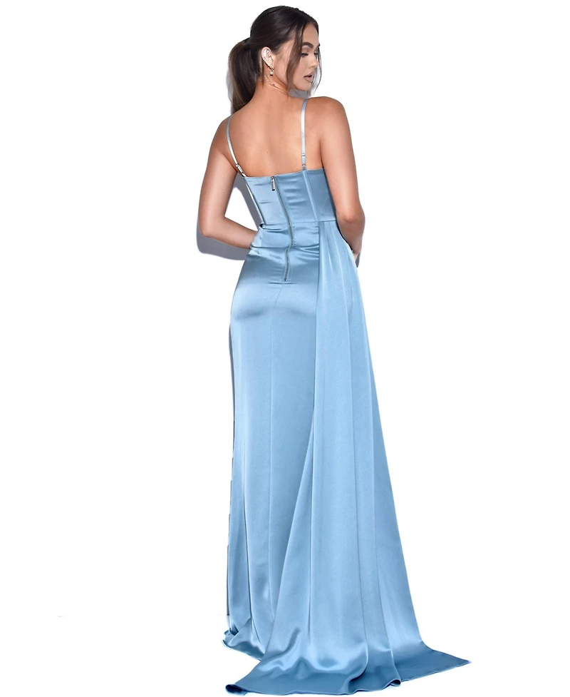 Miss Circle Women's Elayna Pale Blue Strappy Satin Corset High Slit Gown